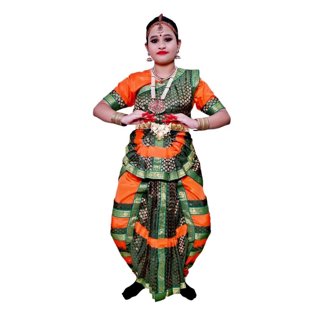 Bharatanatyam Dance Costume in Green & Orange Classical Temple Dress for Girls & Women Bharatanatyam Dance Costume in Green & Orange Classical Temple Dress for Girls & Women
