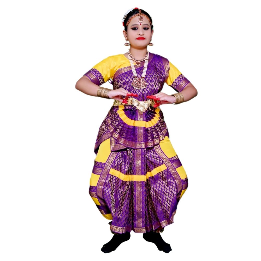 Bharatanatyam Dance Costume in Yellow & Purple  Classical Indian Dress for  Girls & Women