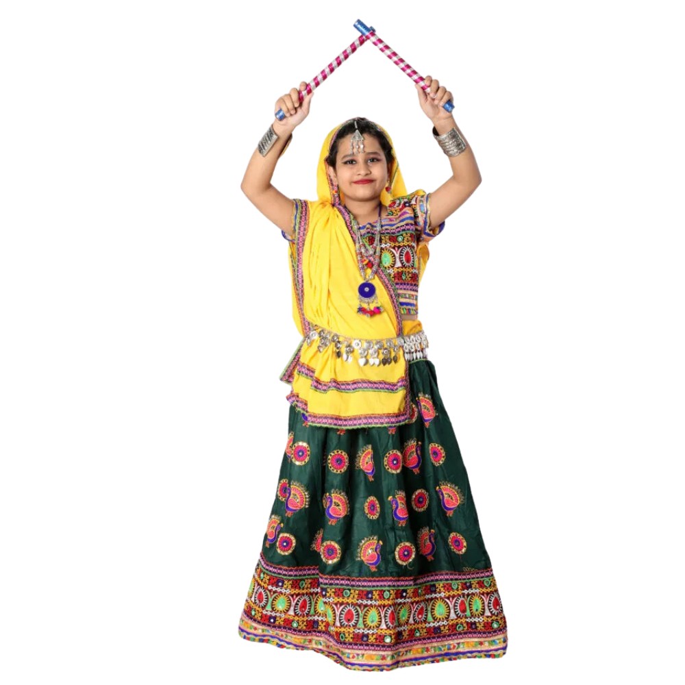 gujrati dress for ladies Gujarati Garba Chaniya Choli Girls – Rama Green & Yellow Yellow