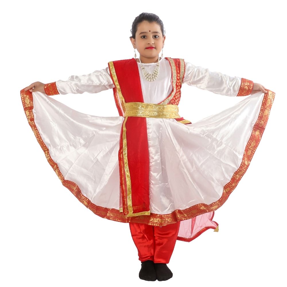 Red & White Kathak Anarkali Dress – Classical Dance Costume for Girls & Women by Sanskriti