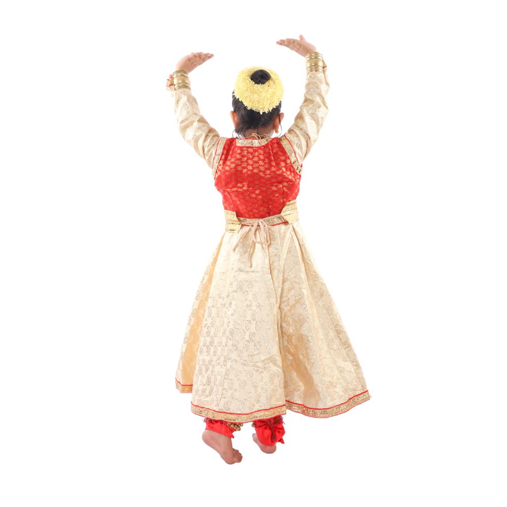 Girls Kathak Dance Dress  Classical Anarkali Costume in Beige, Red & Golden